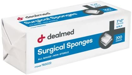 Dealmed 2" x 2" Surgical Sponges, 8-Ply, Non-Woven Absorbent Gauze Sponges for Wound Care, First Aid Kits and Medical Facilities, 200 Count (Pack of 1)