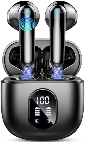 Wireless Earbuds, Bluetooth 5.3 Headphones Bass Stereo, 50H Playback Ear Buds ENC Noise Cancelling Mics, in Ear Earphones with mini Case, IP7 Waterproof Wireless Headphones USB-C Charging, LED Display