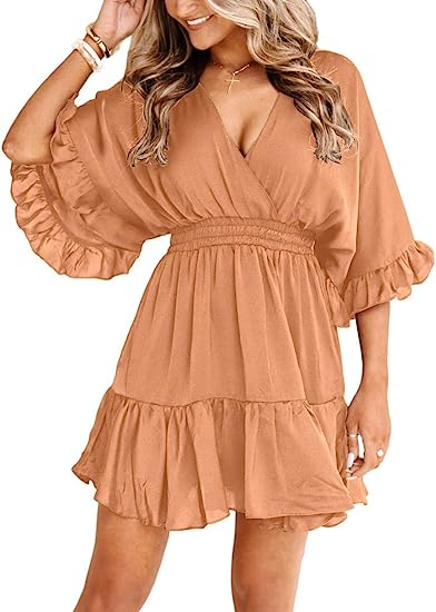 Aoysky Womens V Neck Casual Dresses Summer Loose High Waist Ruffle Pleated Cute Mini Short Dress